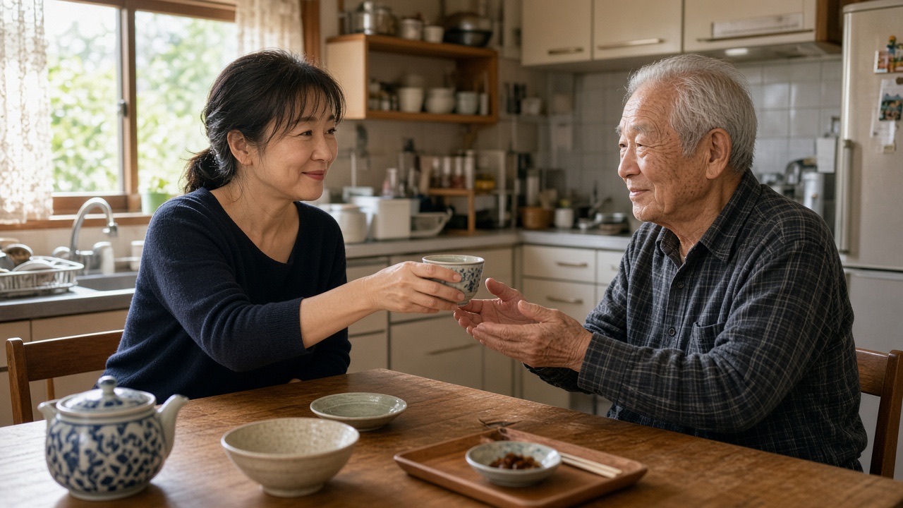 台所で高齢の父に茶を渡す娘
